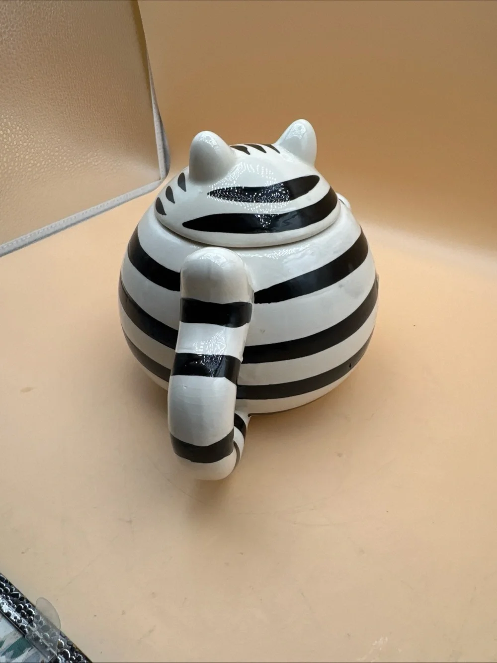 Pier 1 White and Black Striped Cat Toy Figurine with Pink Accent
